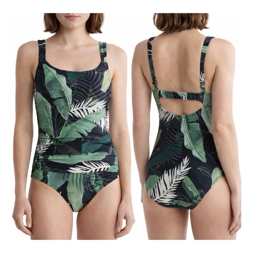 Jantzen Boho Palms Surplice One Piece Swimsuit Womens 14 Green Tropical Leaf NEW